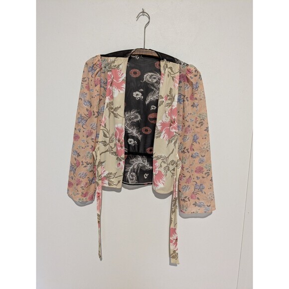 Vintage Combing Bed Jacket Patchwork Nylon Tricot Puff Sleeve Kimono Wrap XS/S - Picture 3 of 7